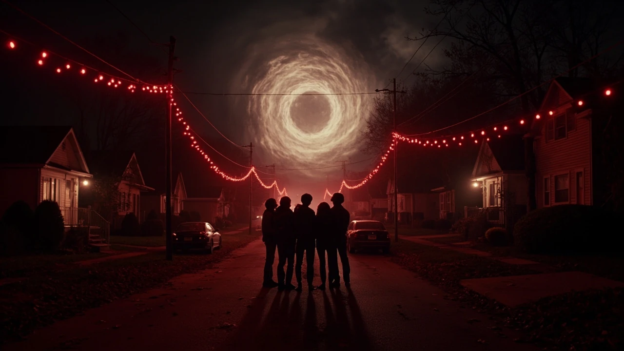 Stranger Things Finale, Hawkins bei Nacht mit roten Weihnachtslichtern