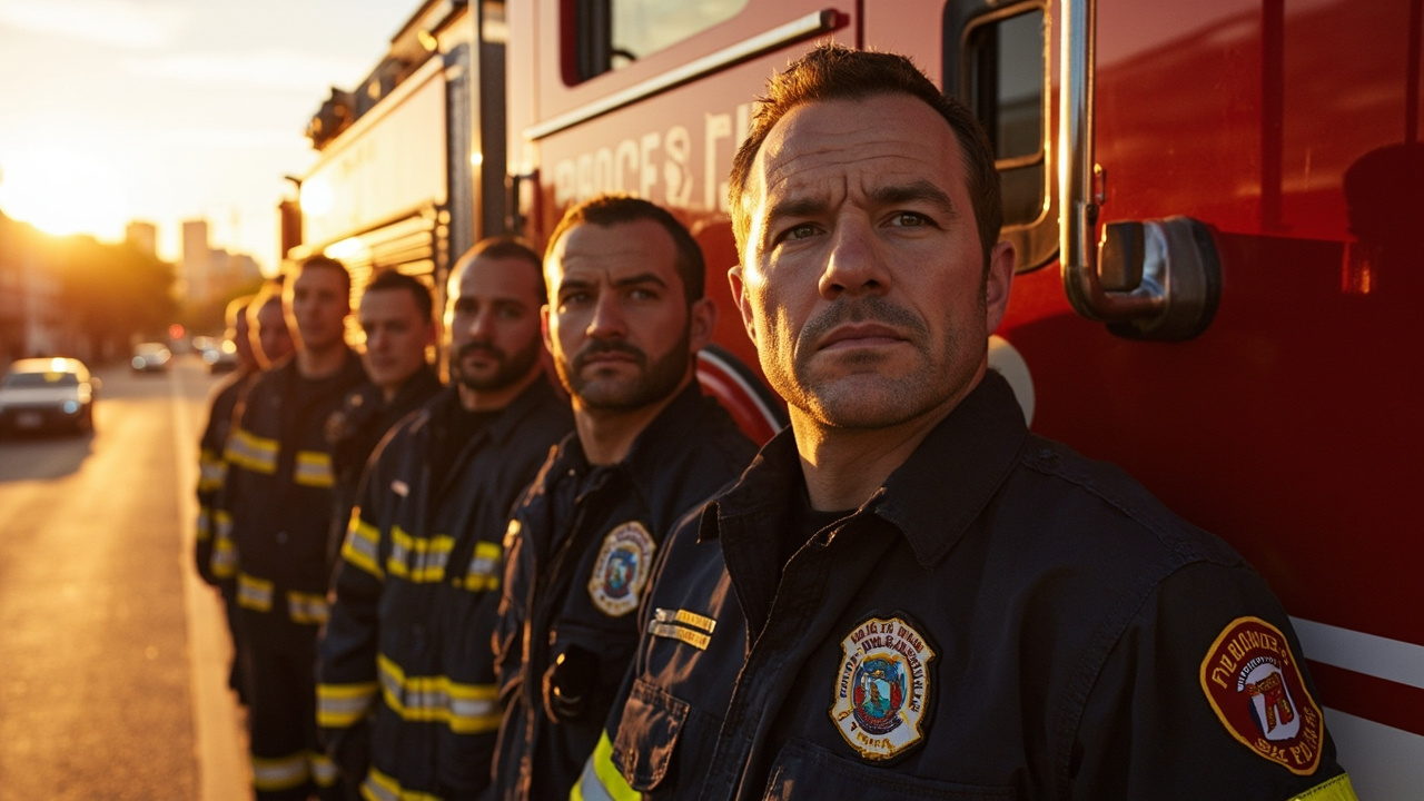 9-1-1 Lone Star Besetzung in Austin vor einem Feuerwehrhaus